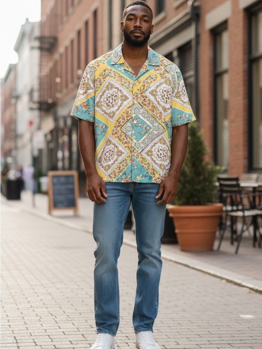 Fashion Nova Men's Short-Sleeve Button-Down Shirt in Yellow & Teal